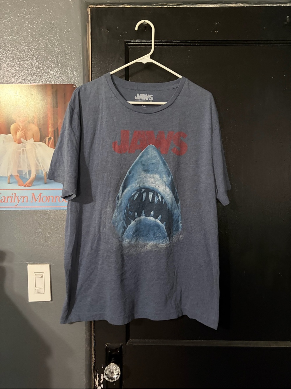 Mens Graphic Tee - Blue with Shark Print JAWS